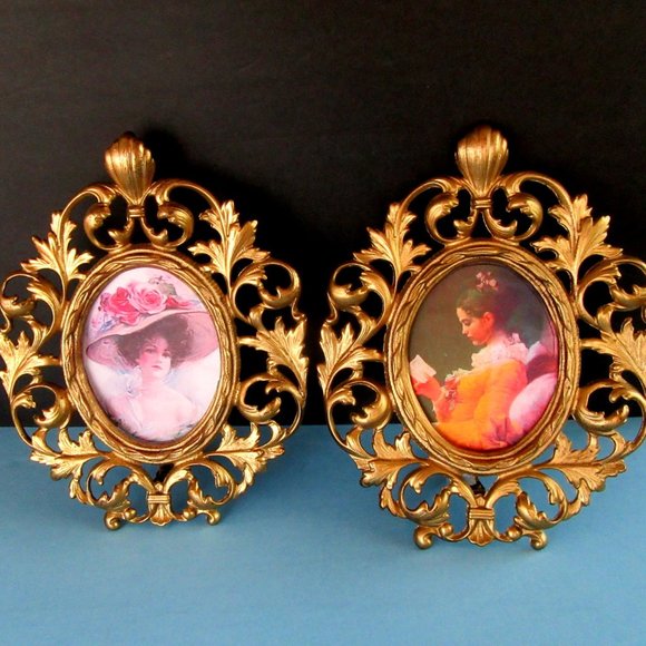 Vintage gold scrolled metal Art Nouveau reproduction picture frames - set of 2 - Picture 1 of 9